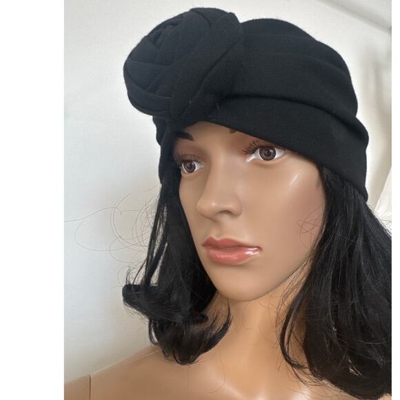1960s Black Knit Turban Hat Rosette Detail main image 5